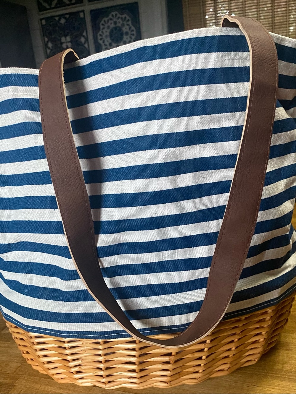 Navy and White Striped Tote with Brown Handles
